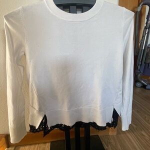 DKNY White Long-Sleeve Sweater with Black Lace Hem
